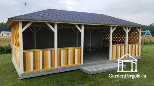 4x8 m Trebarnehagepaviljong — Romslig utendørspaviljong med gulv og overdekket tak - garden gazebo pergola