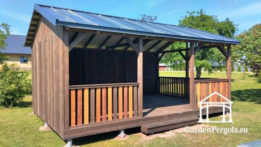 4x6 m Brun Trepaviljong — Romslig Hagepaviljong med Gulv og Metalltak med Dobbelt Helling - garden gazebo pergola