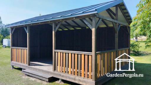 4x6 m Brun Trepaviljong — Romslig Hagepaviljong med Gulv og Metalltak med Dobbelt Helling