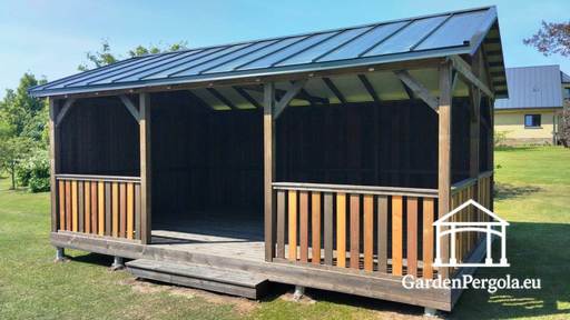 4x6 m Brun Trepaviljong — Romslig Hagepaviljong med Gulv og Metalltak med Dobbelt Helling