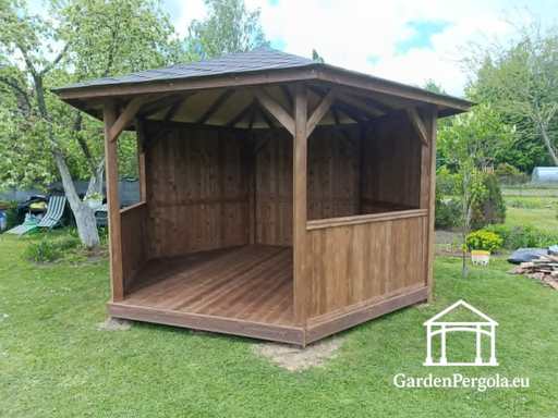 Seks-sidet trepaviljong — Koselig hagepaviljong med gulv og overbygd tak - garden gazebo pergola