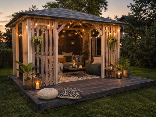 3x4 m Trepaviljong med 4x4 m Terrasse — Koselig Hagepaviljong med Gulv og Åpen Terrasse