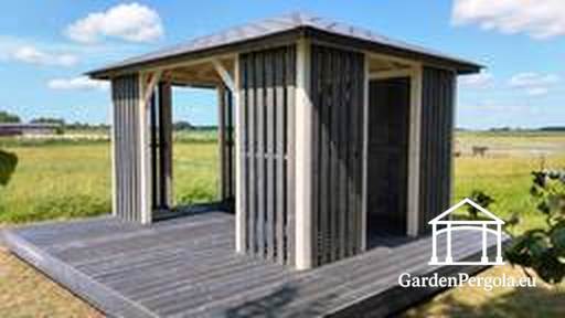 3x4 m Trepaviljong med 4x4 m Terrasse — Koselig Hagepaviljong med Gulv og Åpen Terrasse