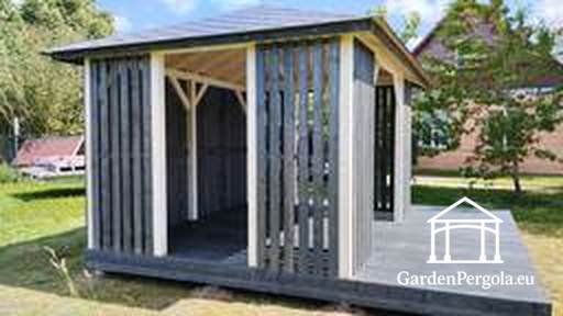 3x4 m Trepaviljong med 4x4 m Terrasse — Koselig Hagepaviljong med Gulv og Åpen Terrasse