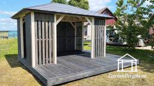 3x4 m Trepaviljong med 4x4 m Terrasse — Koselig Hagepaviljong med Gulv og Åpen Terrasse - garden gazebo pergola