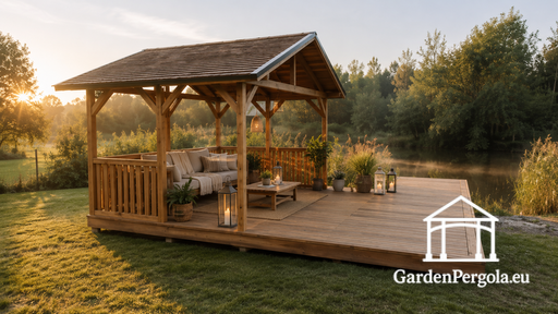 3x4 m Trepaviljong med 3x4 m Terrasse — Koselig Hagepaviljong med Gulv og Åpen Terrasse