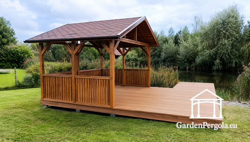 3x4 m Trepaviljong med 3x4 m Terrasse — Koselig Hagepaviljong med Gulv og Åpen Terrasse - garden gazebo pergola