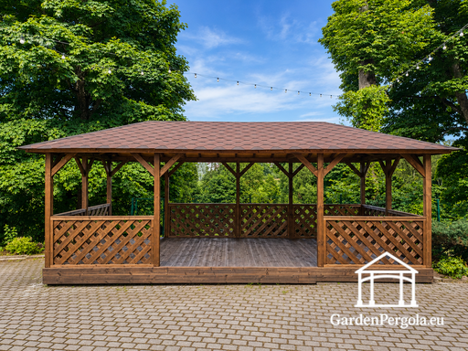 4x7 m Brun Trepaviljong — Romslig Hagepaviljong med Gulv, Gitterrekkverk og Shingeltak - garden gazebo pergola