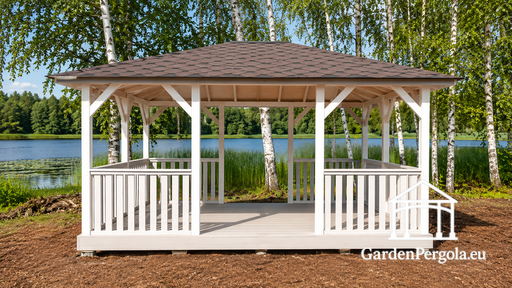 4x4,5 m Hvit Trehagepaviljong med Front- og Bakre Innganger - garden gazebo pergola
