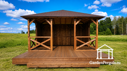 4x4,5 m Trehagepaviljong med 2x4,5 m Åpen Terrasse - garden gazebo pergola