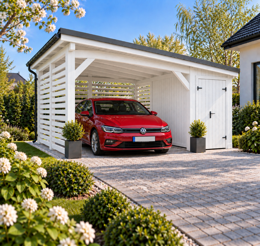 4x4,5 m trecarport med et lite oppbevaringsrom