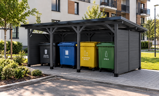 3 × 5 m søppelskur i tre for leilighetsbygg
