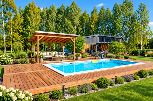 Unik 65 m² naturlig treterrasse ved basseng med integrert pergola