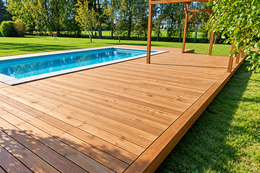 Unik 65 m² naturlig treterrasse ved basseng med integrert pergola