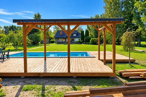 Unik 65 m² naturlig treterrasse ved basseng med integrert pergola
